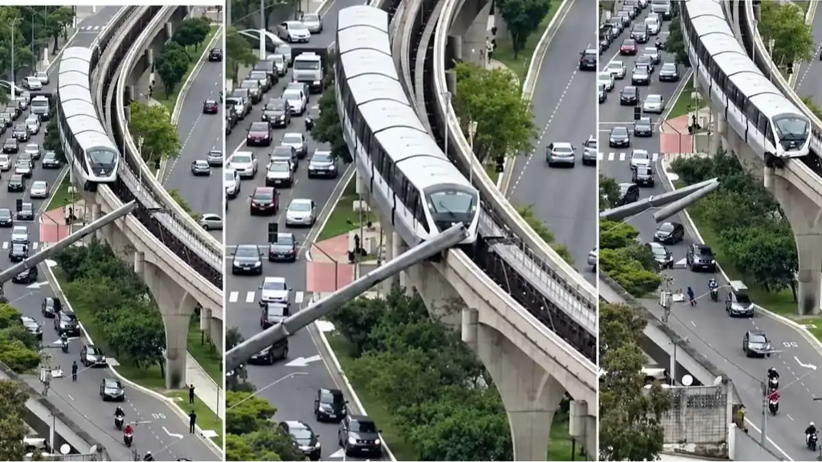 Estrutura do monotrilho paulista sofre impacto após queda de máquina de grande porte na Zona Leste