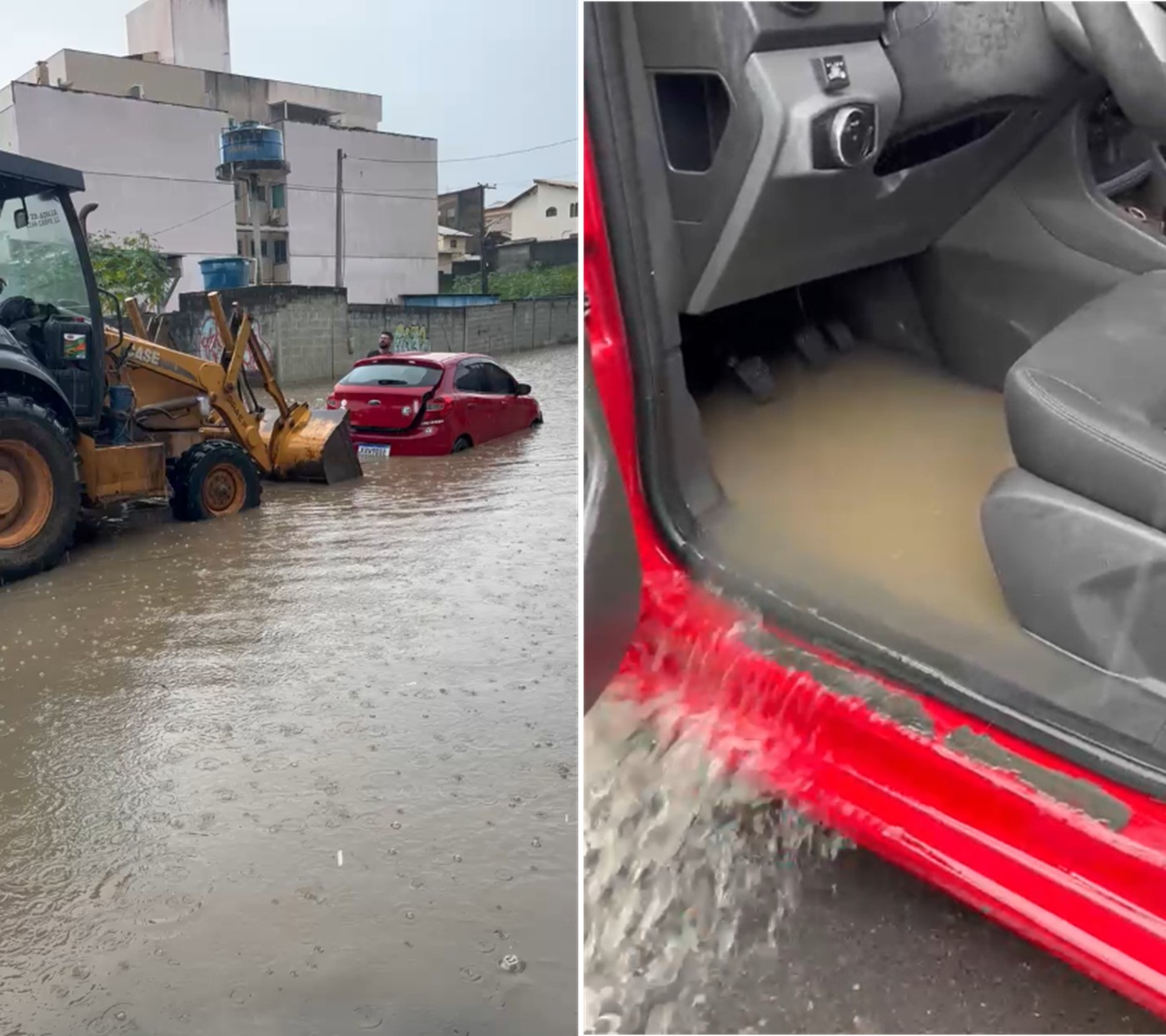 Motorista perde carro em rua alagada no Novo Horizonte e pai faz alerta em Macaé